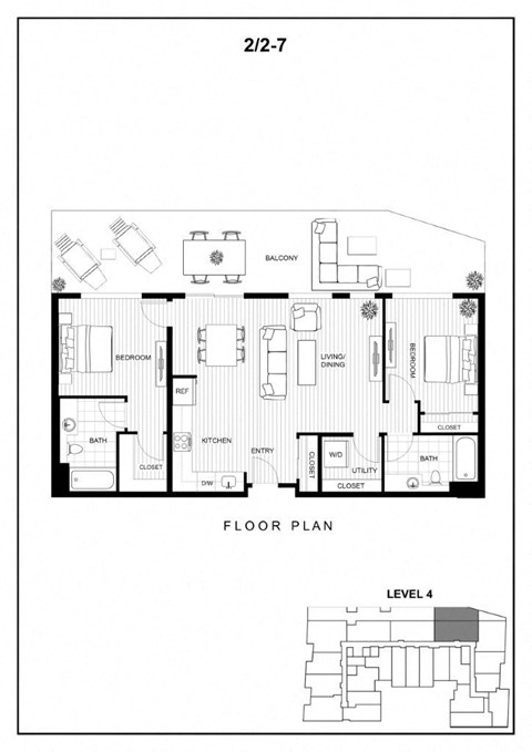 Floor plan for 2 beds, 2 baths, 1011 sqft